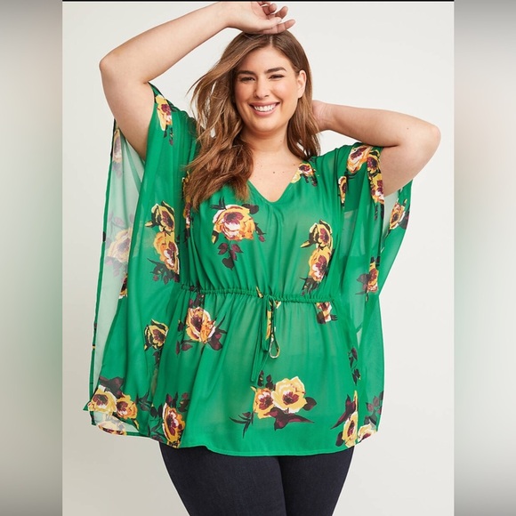 LB Green & Floral Chiffon Top 14/16 - Picture 1 of 6